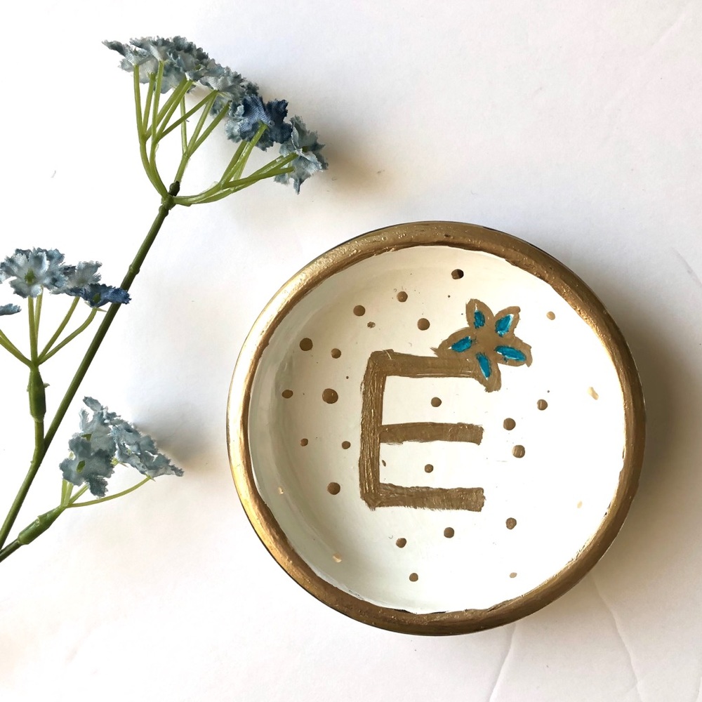 Letter ‘E’ White & Gold Trinket Dish Handcrafted